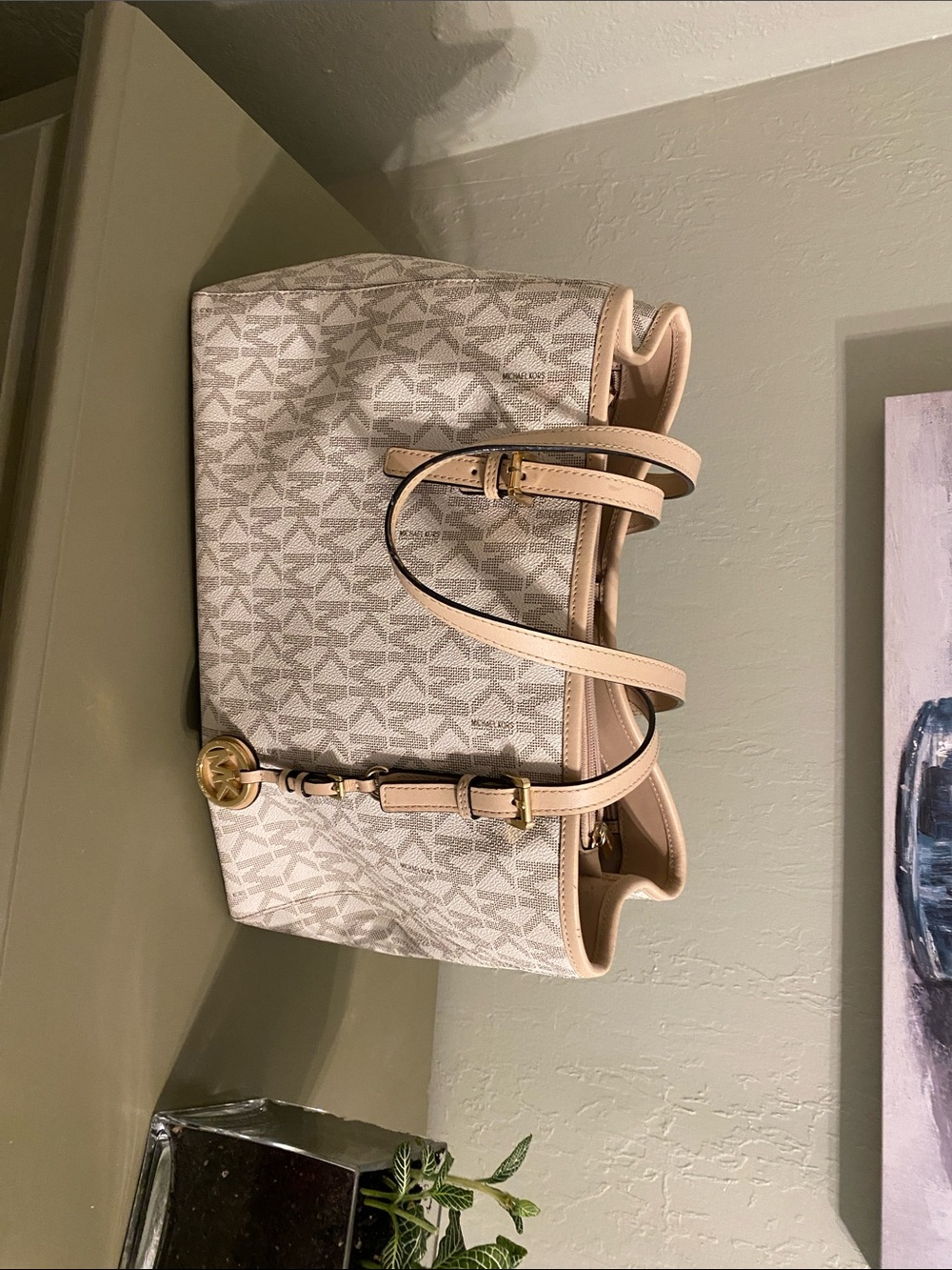 Michael Kors Beige and White Logo Tote with Tan Trim